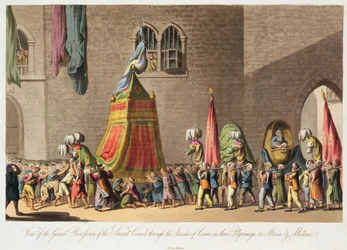 Vista de la gran procesión del camello sagrado por las calles de El Cairo en su peregrinación a La Meca y Medina, pub. 1822